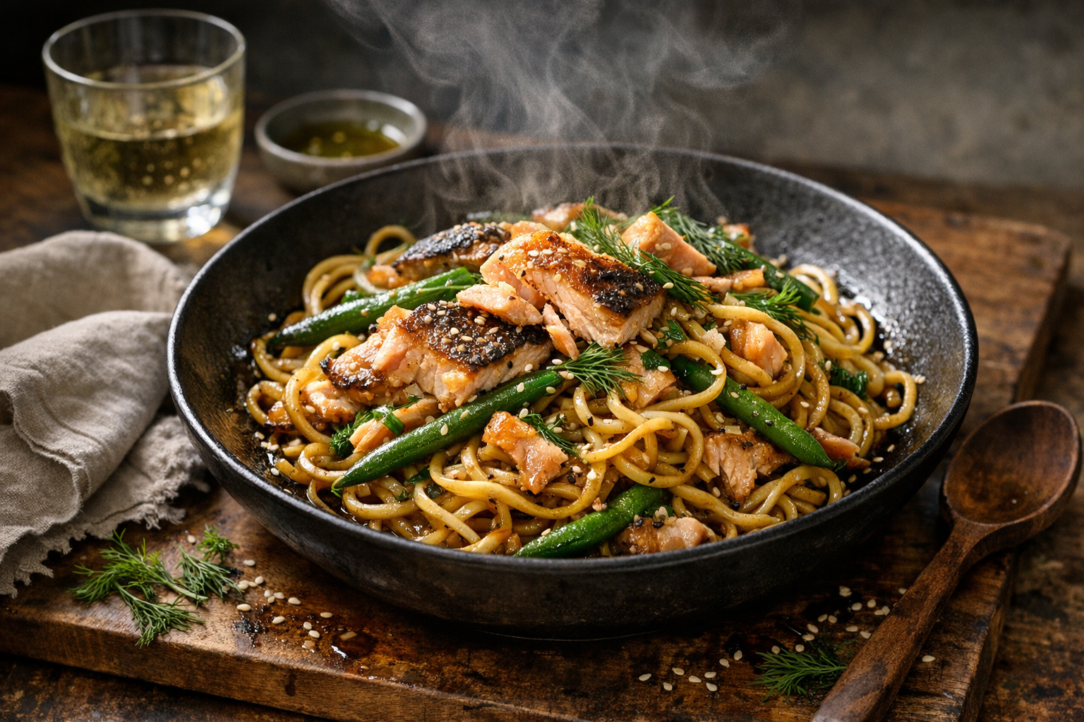 Glossy egg noodles tangle with emerald beans and pale-gold trout flakes, sesame speckles and dill over a wide dark bowl, steam curling as buttered soy-lime glaze catches the light.