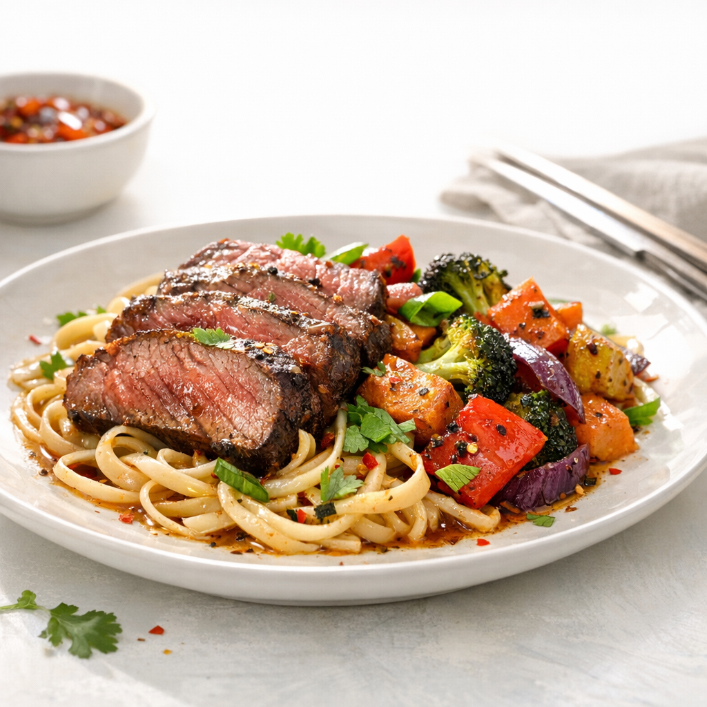 A vibrant dish featuring tender slices of beef atop a bed of noodles, garnished with colorful roasted vegetables and fresh herbs.