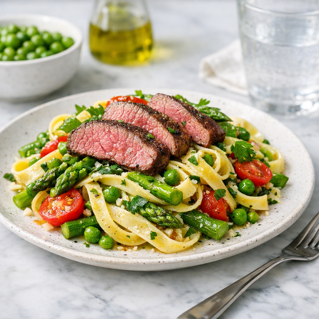 A colorful plate of twirled pasta topped with vibrant green asparagus, peas, and perfectly seared beef slices, garnished with fresh herbs.