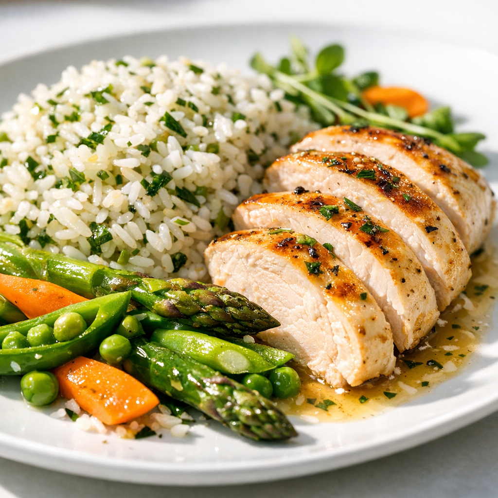 Plated with succulent chicken, vibrant green vegetables, and fluffy rice, the dish showcases a colorful medley of fresh spring flavors.