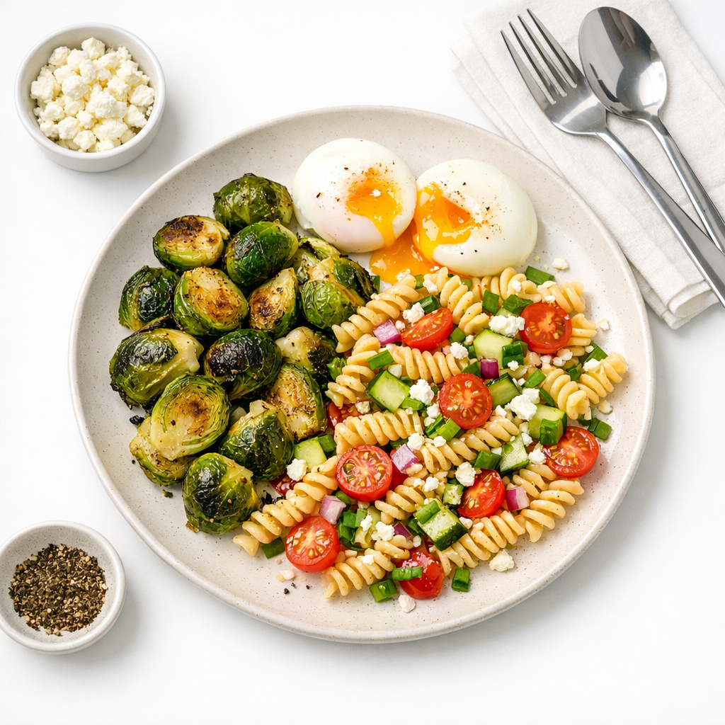 The dish features a vibrant mix of green Brussels sprouts, golden pasta, and runny egg yolks, creating a colorful and inviting presentation.