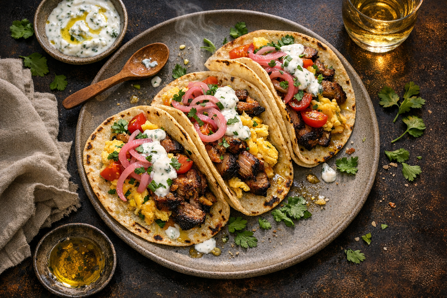Charred-edged lamb and soft golden eggs nestle in warm tortillas with ruby tomatoes, pale-pink pickled onions, and green herbs, glossed with creamy yogurt, on a matte stoneware platter.