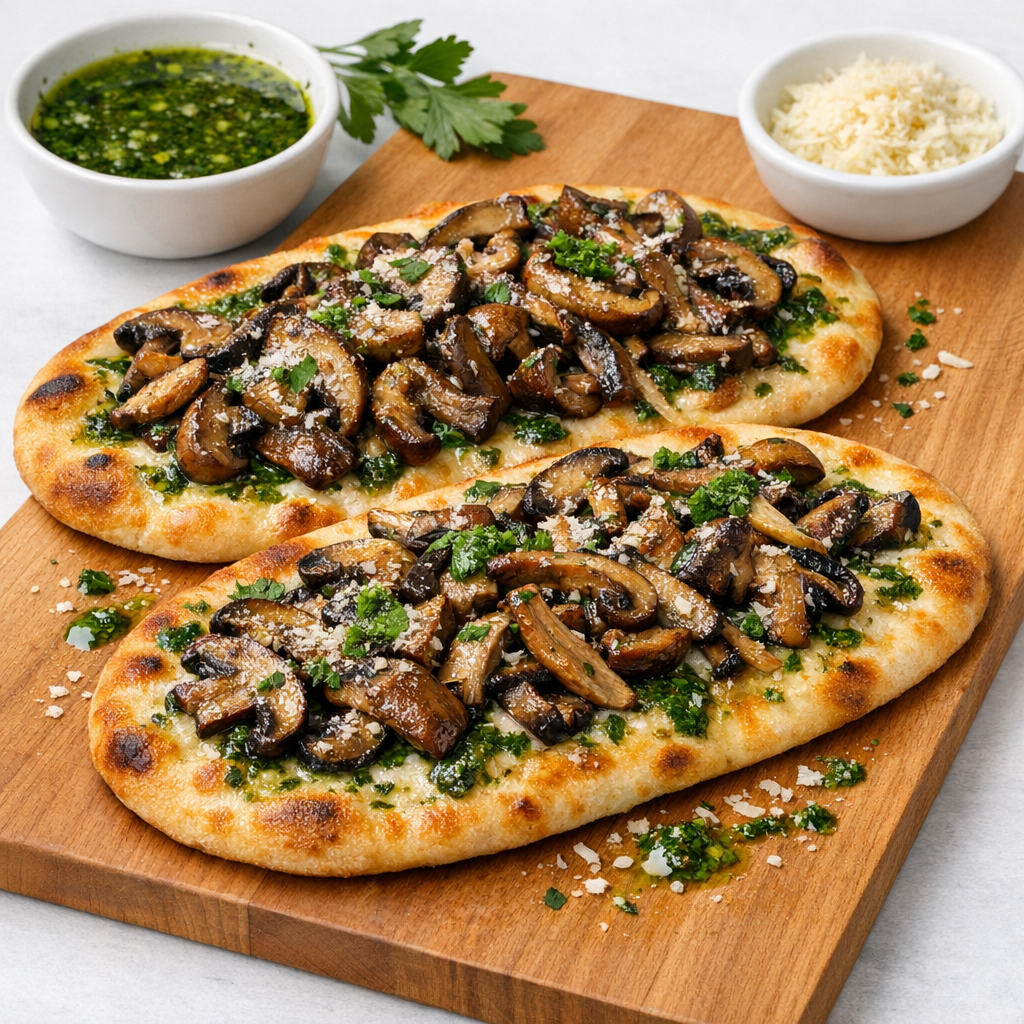 The dish features golden-brown flatbreads topped with succulent, marinated mushrooms, drizzled with a vibrant green herb oil.