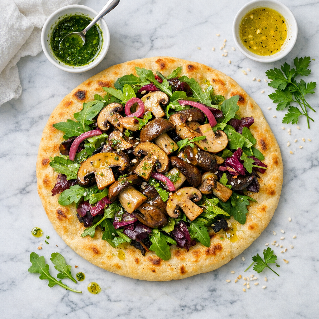 The dish features warm, golden flatbread topped with colorful greens, perfectly cooked mushrooms, and a drizzle of vibrant dressing.
