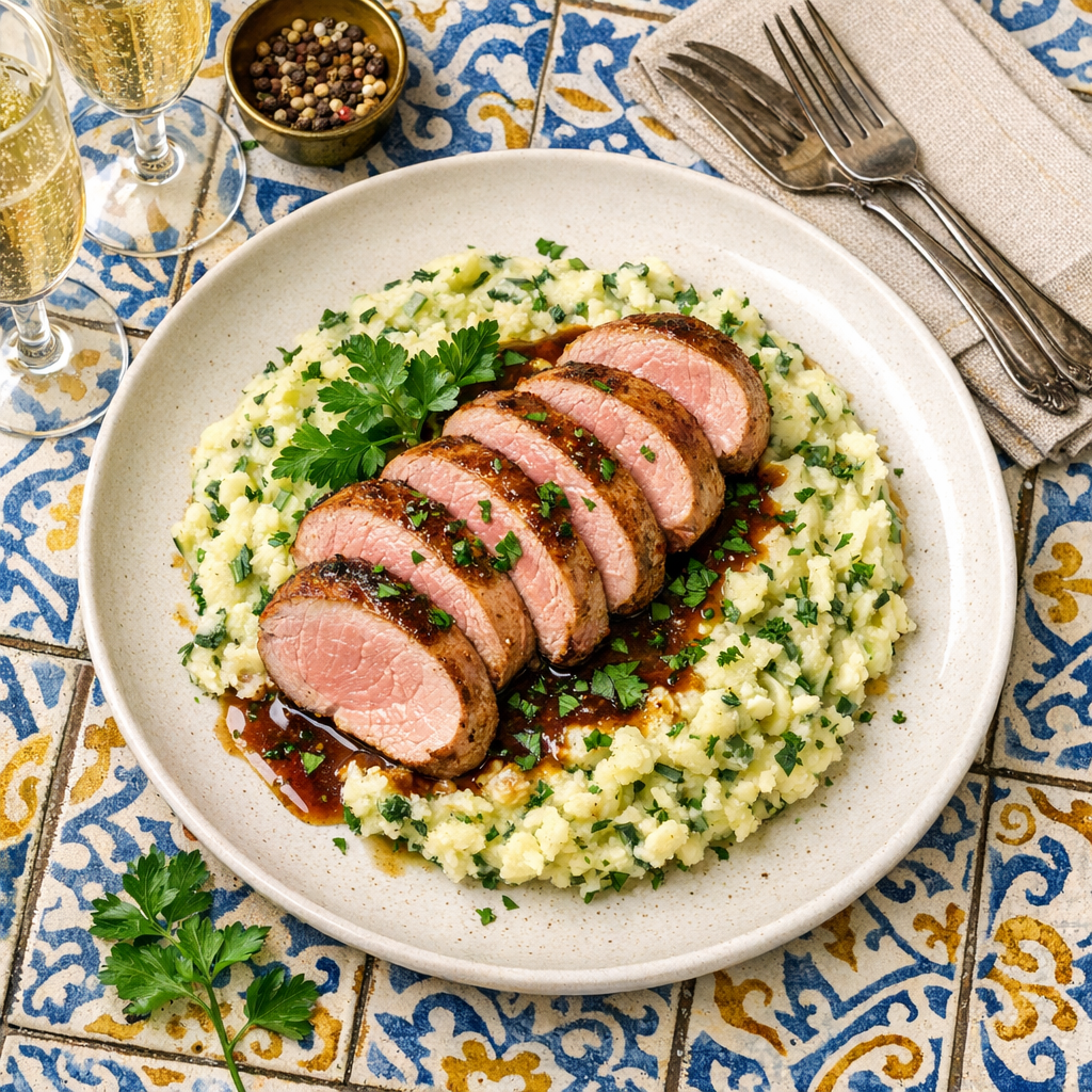 A plate featuring succulent, pink pork slices atop a bed of creamy, herb-infused potato mash, garnished with fresh parsley for a vibrant touch.