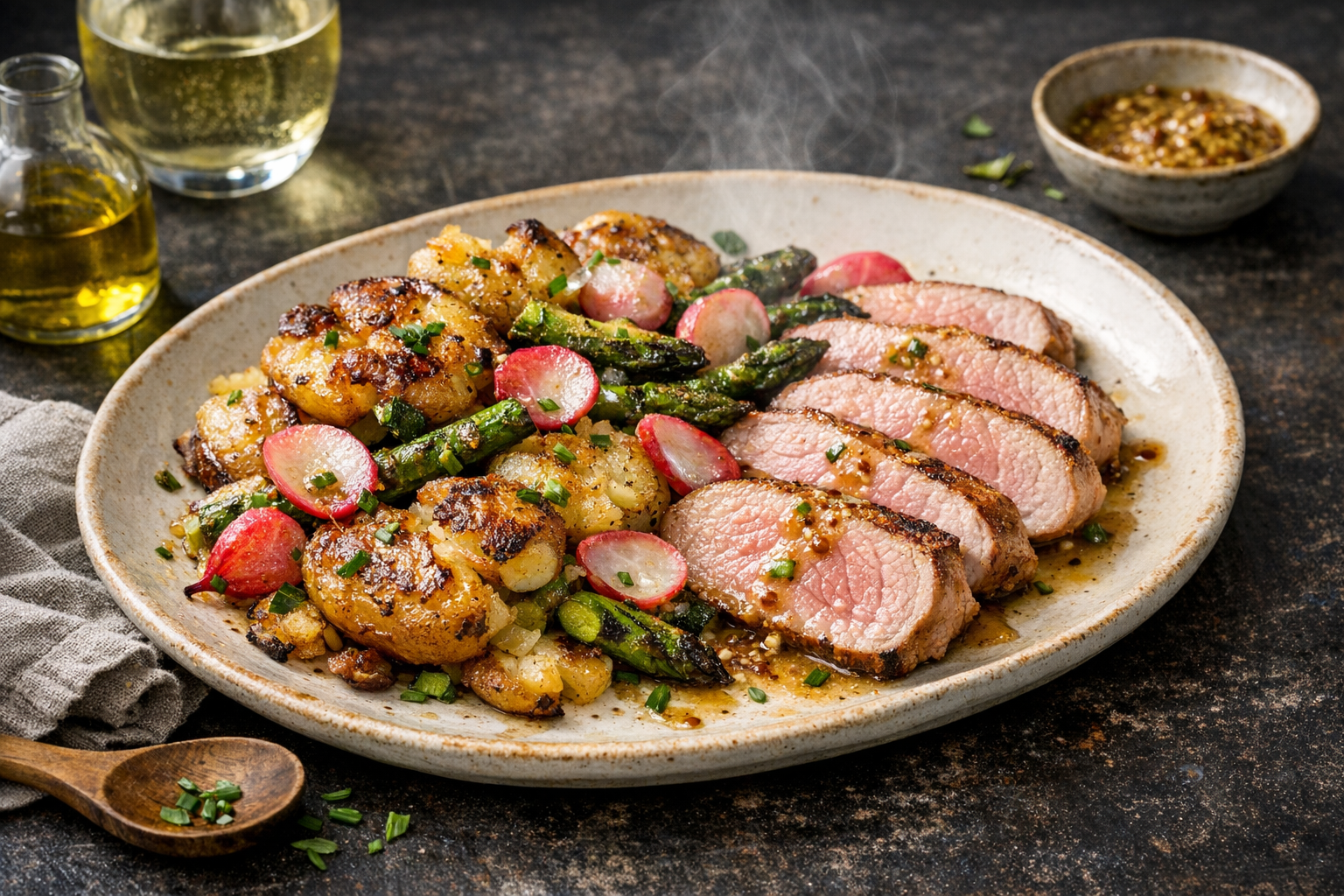 Crisp-edged smashed new potatoes with blush-pink pork slices, charred asparagus coins and glossy radish petals, glistening with mustard dressing and chives on a warm ceramic platter.