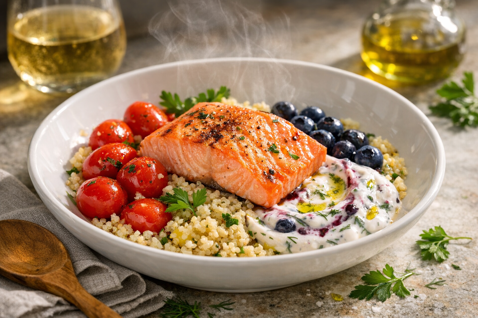 Silky coral salmon atop fluffy lemon-speckled quinoa in a wide white bowl, dotted with glossy red tomatoes and indigo blueberries, swirled with green-flecked white yogurt and parsley leaves.