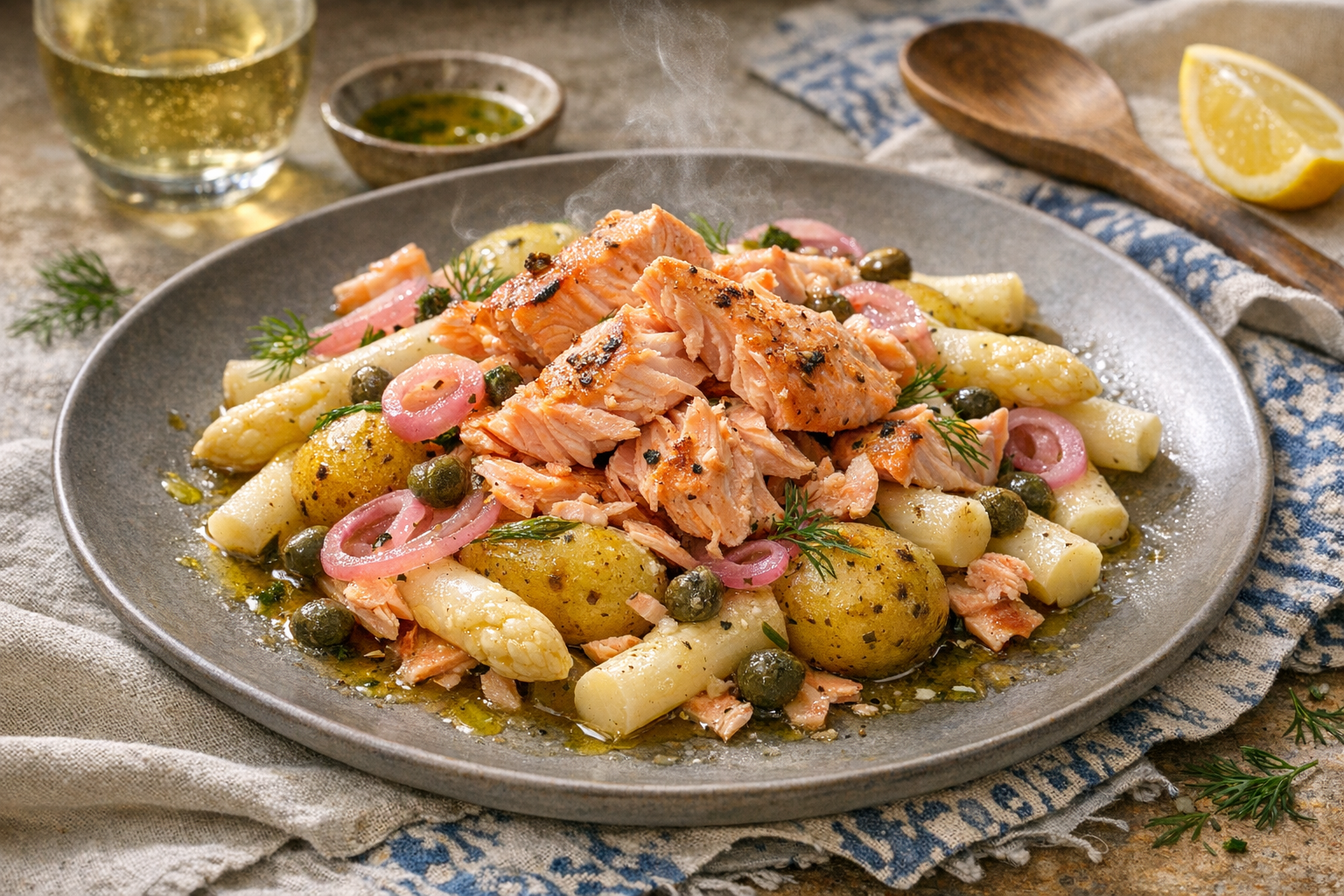 Blush-pink salmon flakes over glossy warm new potatoes and ivory asparagus, dotted with rosy pickled shallots, capers, and dill on a wide matte-gray platter with a lemony sheen.