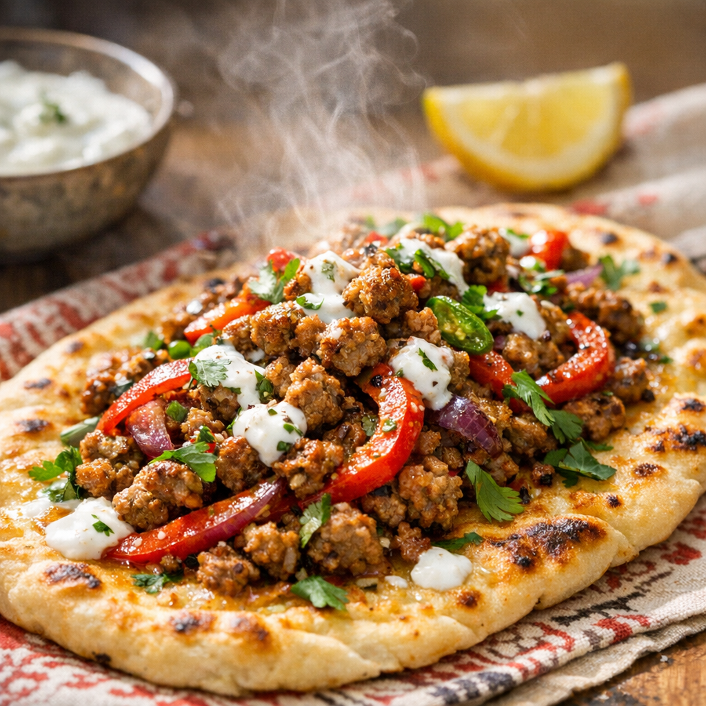 The dish showcases vibrant colors from sautéed vegetables atop golden flatbread, garnished with fresh herbs and a drizzle of yogurt.