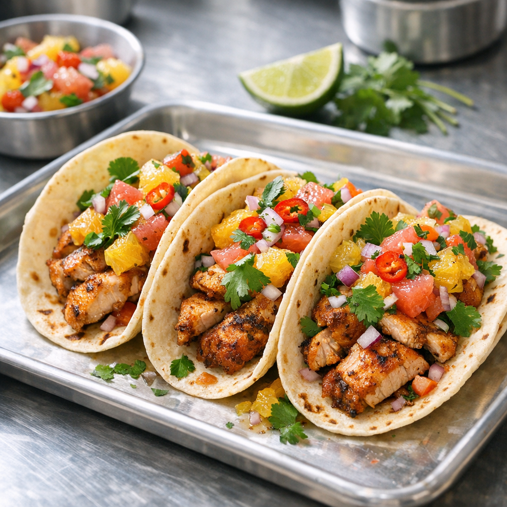 Colorful tacos filled with roasted chicken, topped with vibrant citrus salsa and fresh herbs, served on soft tortillas.