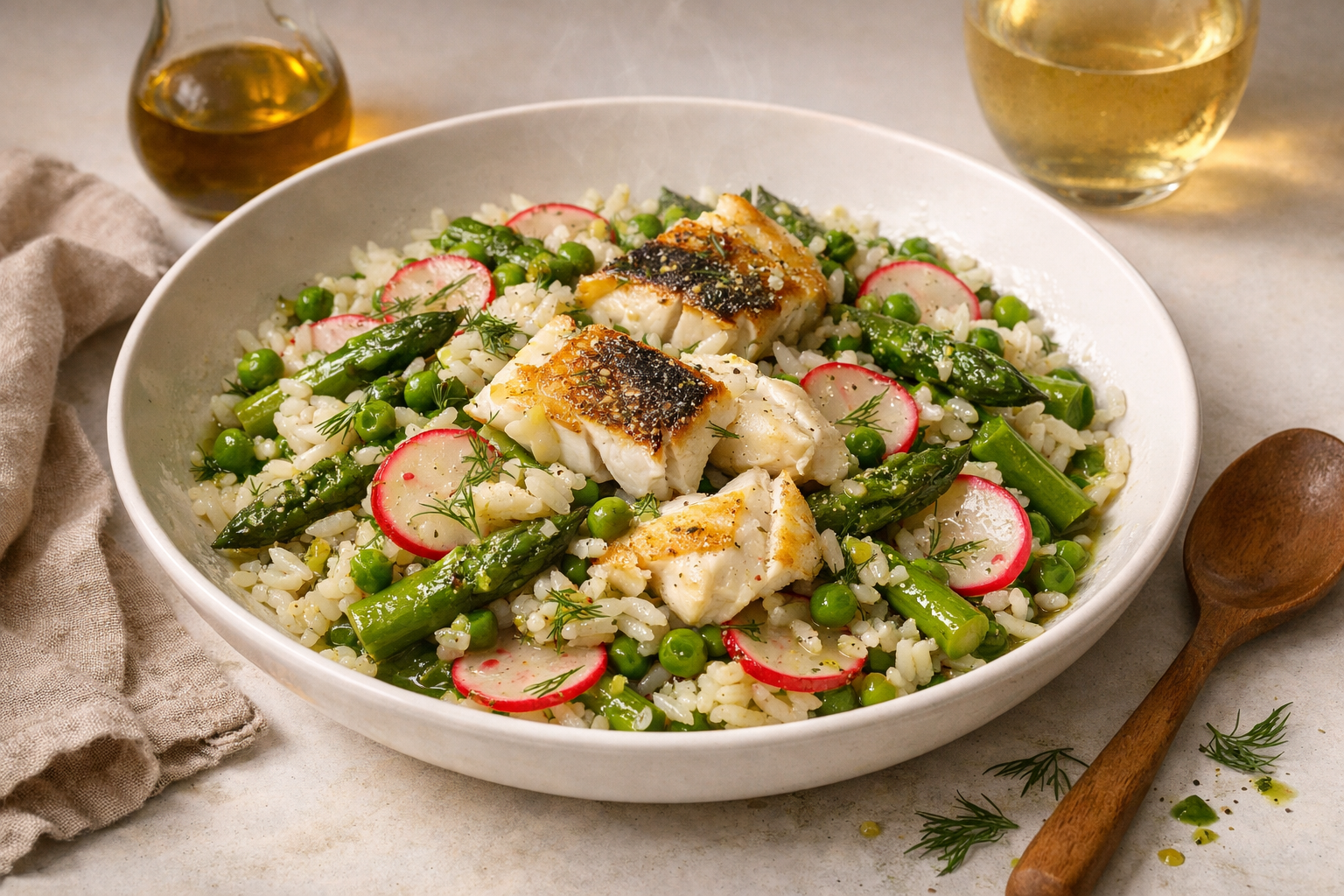 Flakes of pearly cod and glossy rice nestled with vivid green asparagus and peas, dotted with pink radish coins and dill, lightly glistening on a wide white shallow bowl.