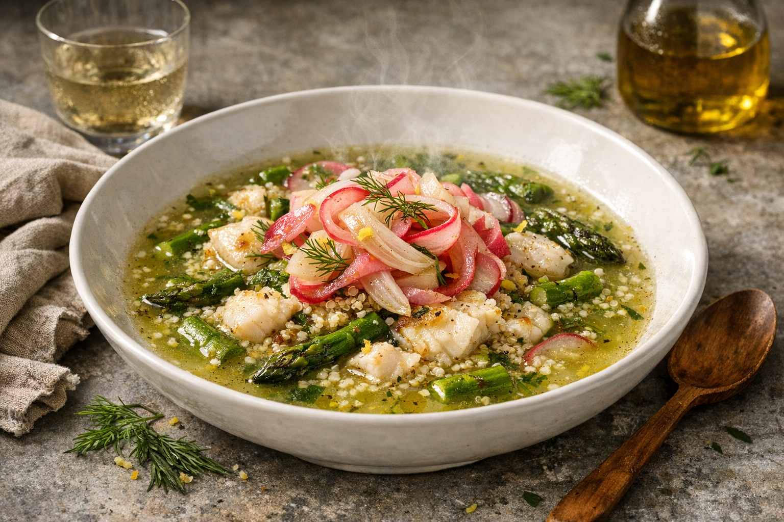 A wide white bowl cradles pale-green broth with pearly cod flakes, emerald asparagus, and quinoa, crowned by rosy radish-fennel ribbons and fresh dill, with tiny lemon zest sparks glistening.