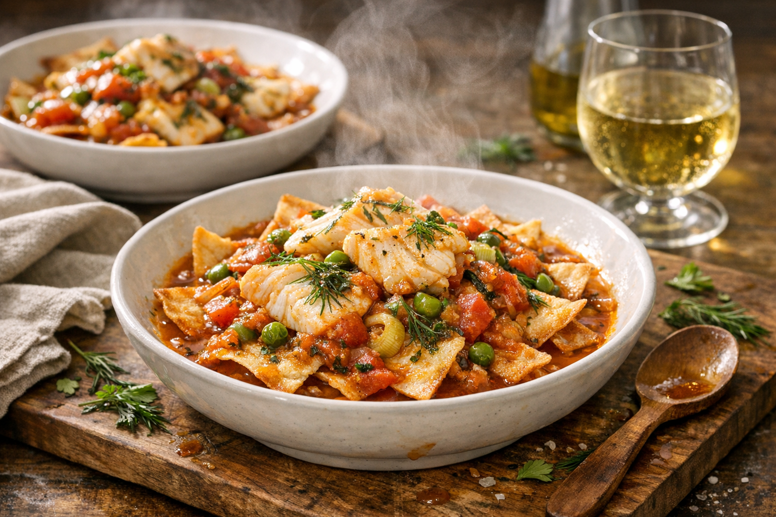 Shallow white bowls hold rust-tinted fish stew cascading over golden pita shards, bright dill flecks and tender cod gleaming under bead-like olive oil on a glossy surface.