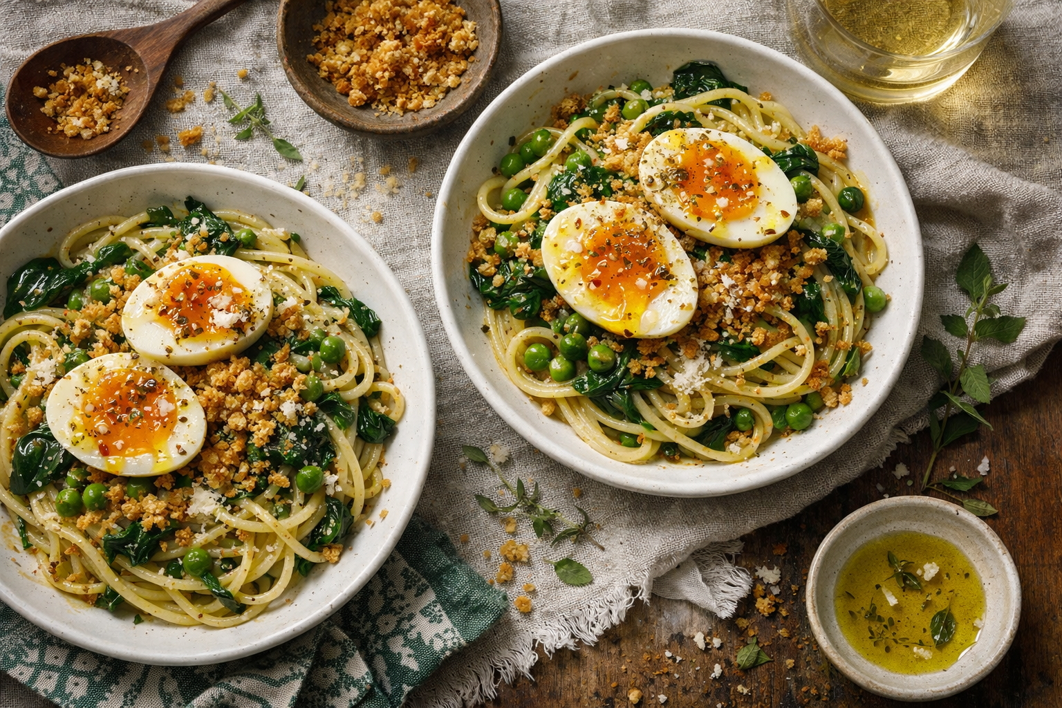 Shallow white bowls of glossy spaghetti with emerald peas and spinach, crowned by halved jammy eggs glazed in lemon-herb oil, showered with golden crumbs and fine Parmesan shavings.