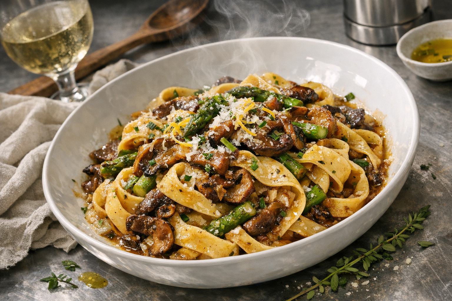 A wide white bowl of glossy tagliatelle swirled with mahogany mushroom ragout, flecks of green asparagus and chives, lemon zest and Parmesan snow, steam curling above the saucy sheen.