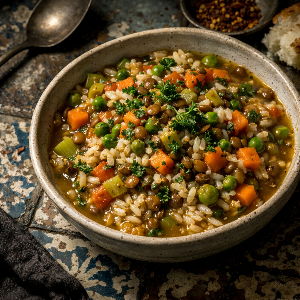 A vibrant stew with earthy lentils, bright green peas, and colorful carrots, garnished with fresh parsley over a bed of fluffy rice.