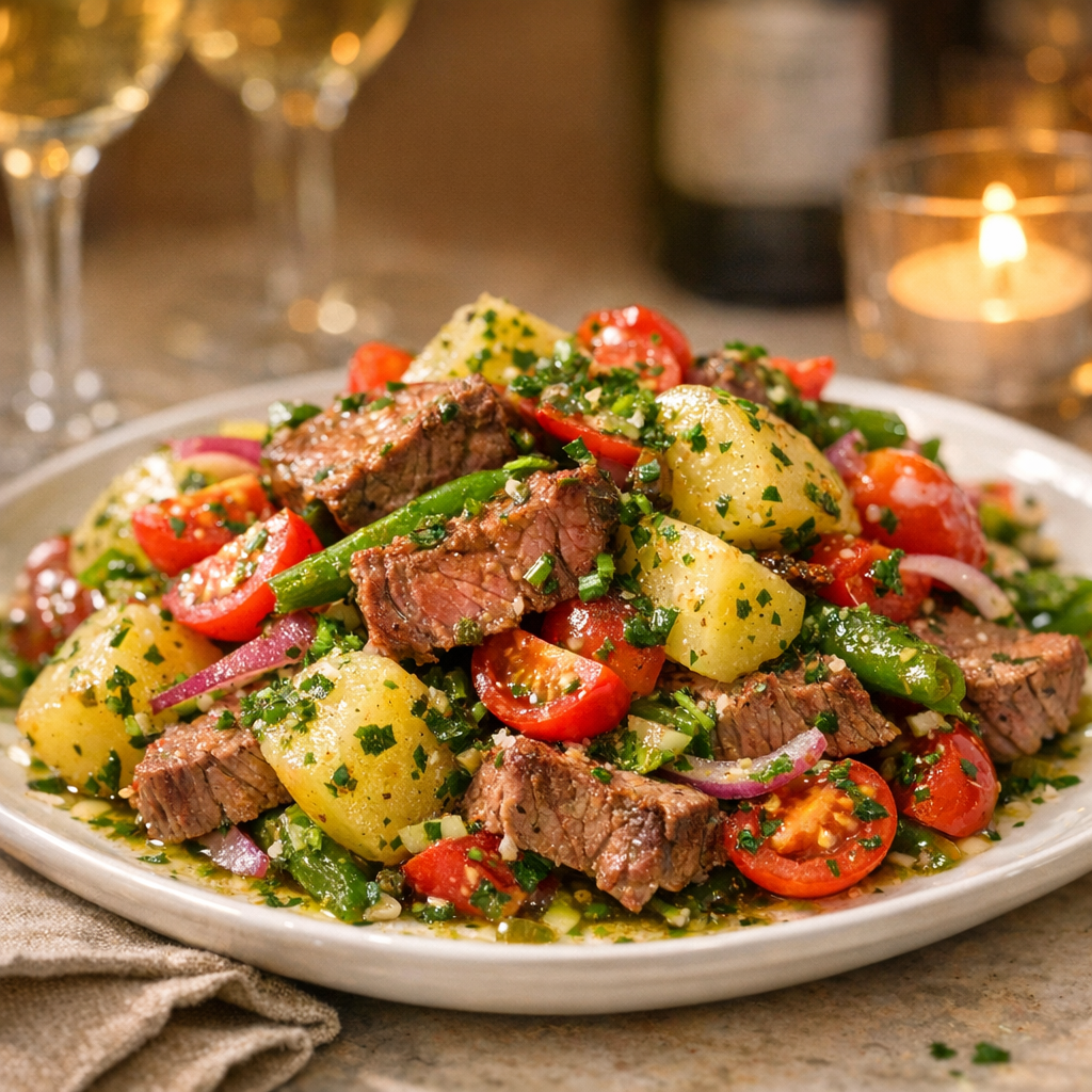 A vibrant mix of tender beef, steamed potatoes, and colorful vegetables, drizzled with a fresh herb vinaigrette.