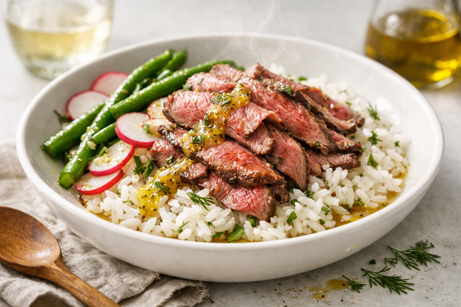 Blushing ribbons of beef over snowy rice with emerald beans, crisp radish coins, and dill-flecked mustard sheen, all mounded in a wide white bowl with gentle, glossy edges.