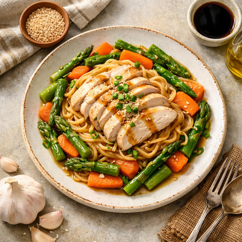 A colorful plate featuring tender chicken slices atop a bed of noodles, surrounded by vibrant green asparagus and carrots, all drizzled with a light soy sauce.