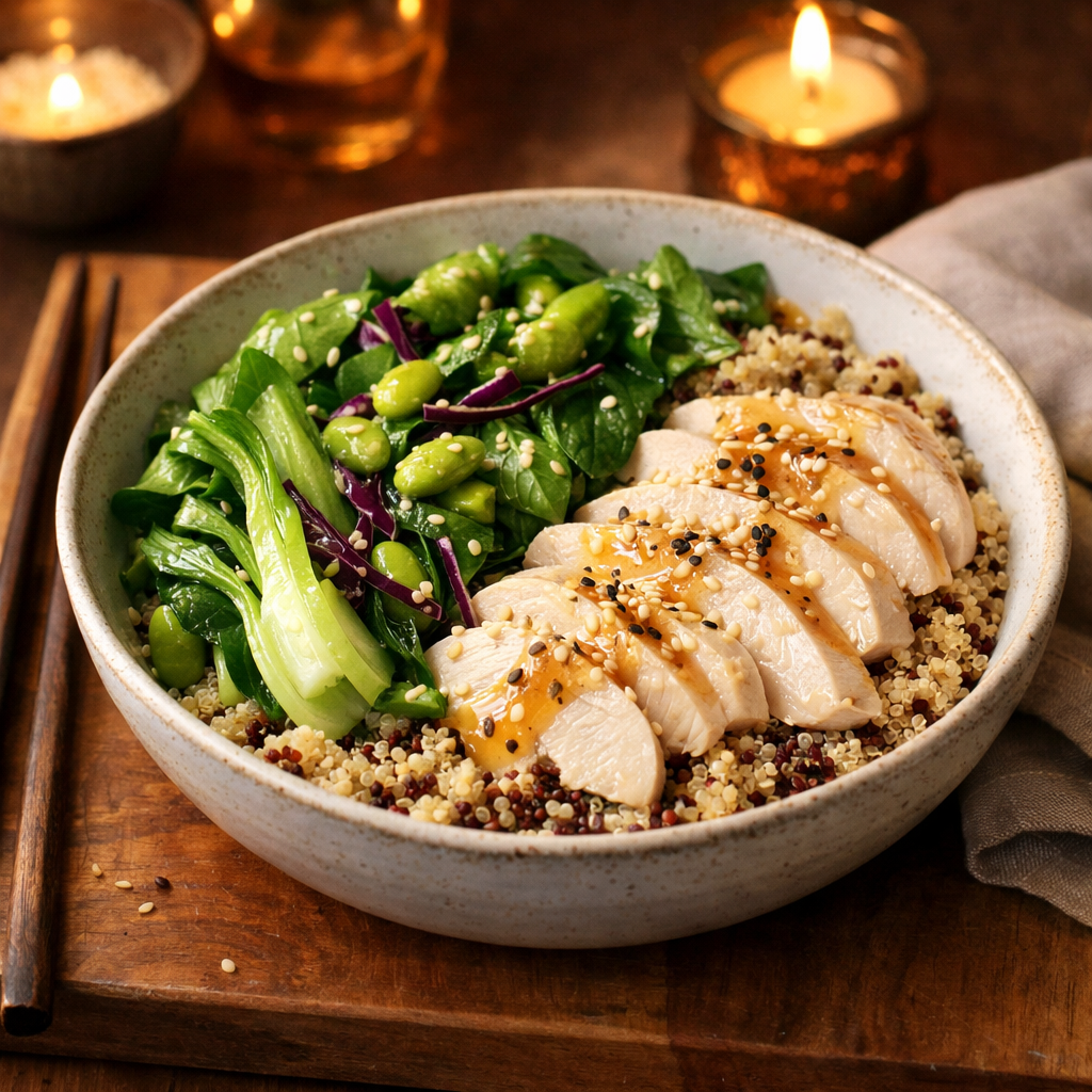 A colorful bowl filled with fluffy quinoa, sliced steamed chicken, and vibrant greens, drizzled with a light dressing and topped with sesame seeds.