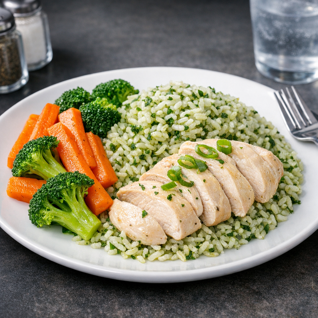 A vibrant plate featuring fluffy green herb rice topped with succulent chicken, surrounded by colorful steamed carrots and broccoli.