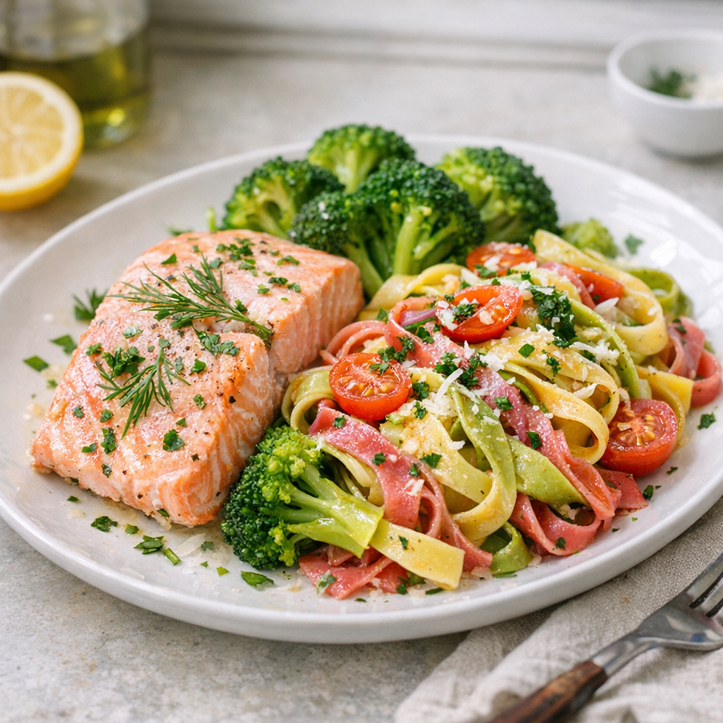 A colorful plate featuring pink salmon, vibrant green broccoli, and golden pasta, all beautifully arranged and garnished with fresh herbs.