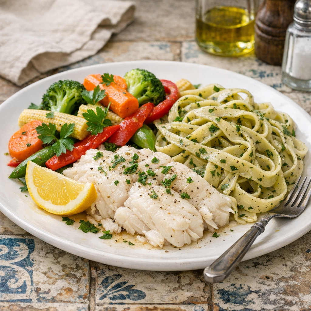 A vibrant plate featuring flaky white fish, colorful steamed vegetables, and herbed pasta, garnished with fresh parsley and a lemon wedge.