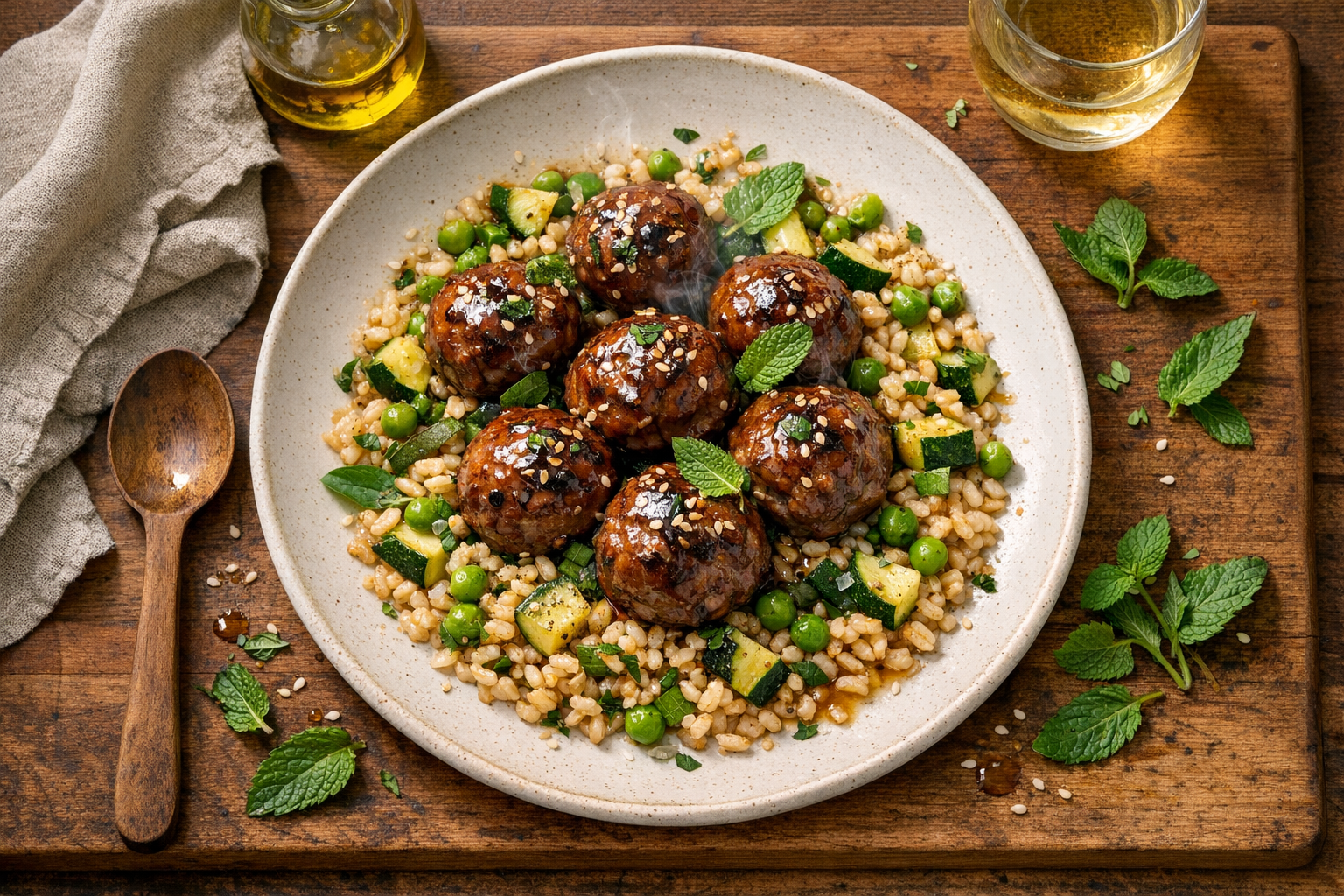 Glossy steamed beef meatballs over lemon-flecked farro with bright-green peas and courgette, finished with a soy-ginger sheen, mint, and sesame on a warm white ceramic plate.
