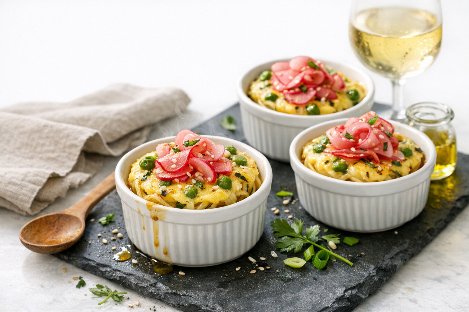 Pale-gold, glossy custard studded with green peas and herbs over neat noodle nests, topped with pink radish ribbons and sesame, served warm in petite white ramekins on a dark slate board.