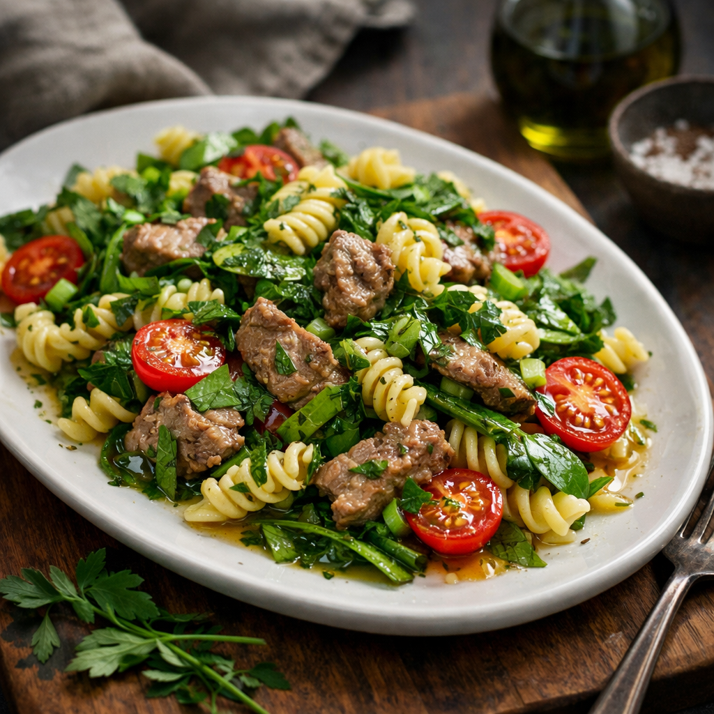 The dish features vibrant green herbs tossed with tender lamb and pasta, garnished with cherry tomatoes and a drizzle of olive oil.