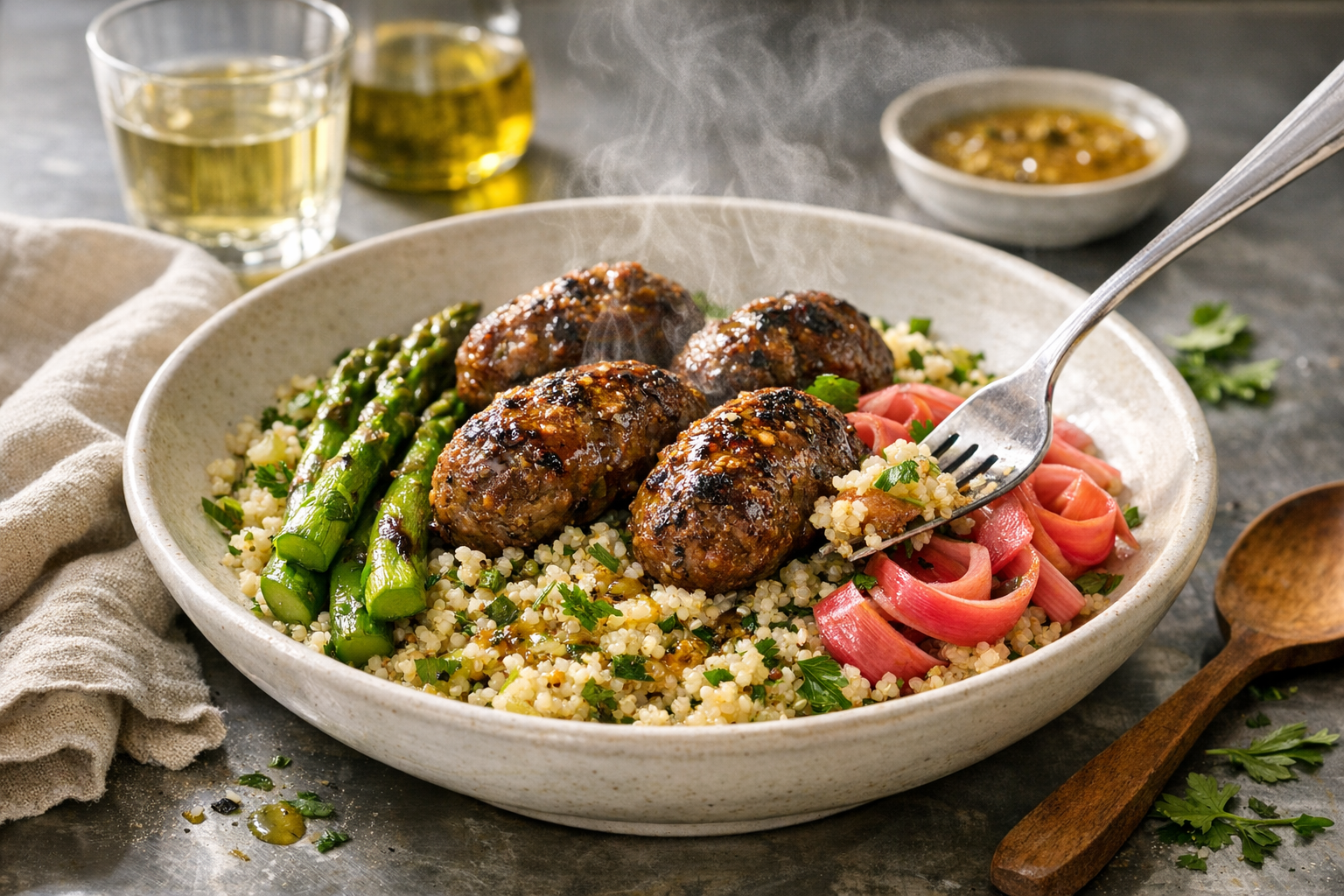 Plump, glossy steamed lamb kofte crown fluffy herb-flecked quinoa with emerald asparagus and blush-pink rhubarb ribbons, finished with mustard-maple shine on a warm white stoneware bowl.