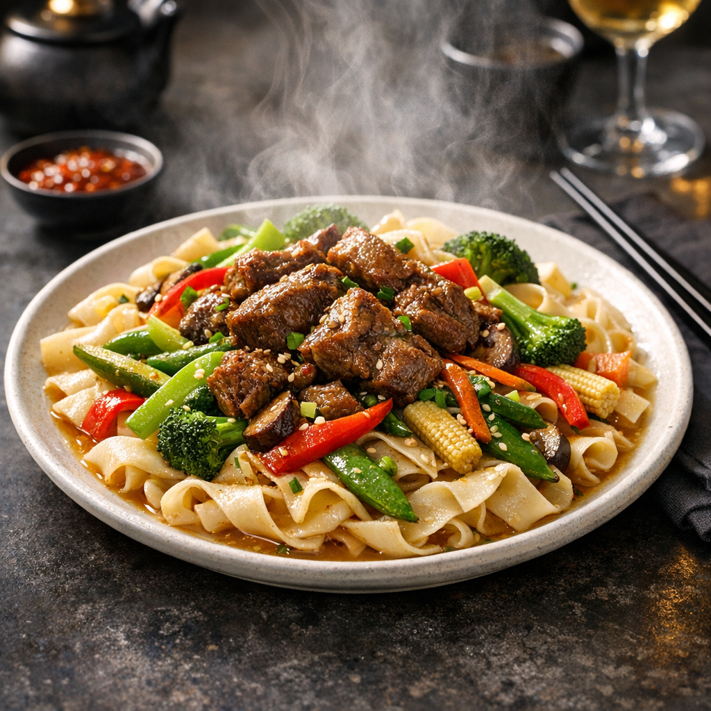 A vibrant plate of steaming noodles topped with succulent lamb, dressed with colorful, tender vegetables, showcasing earthy tones and fresh greens.