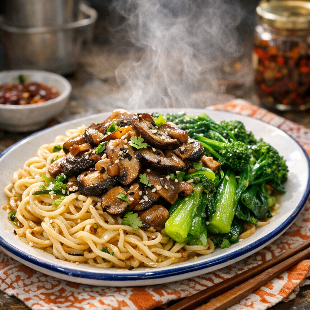 A colorful plate of noodles topped with sautéed mushrooms and vibrant green vegetables, garnished with sesame seeds and fresh herbs.