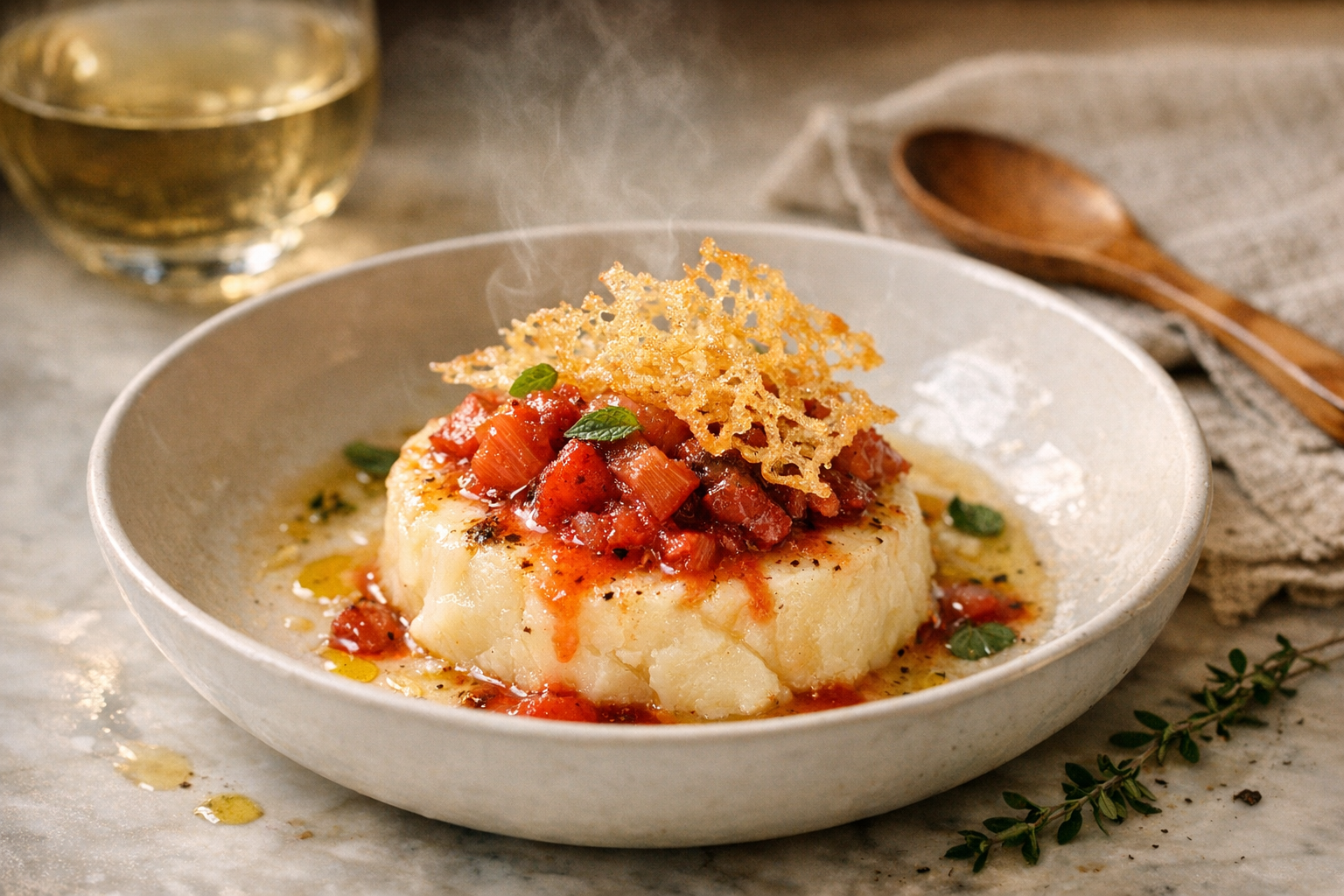 Pale ivory custards crowned with ruby strawberry-rhubarb and golden lacy potato shards, tiny mint leaves glistening, served in cool white shallow bowls.