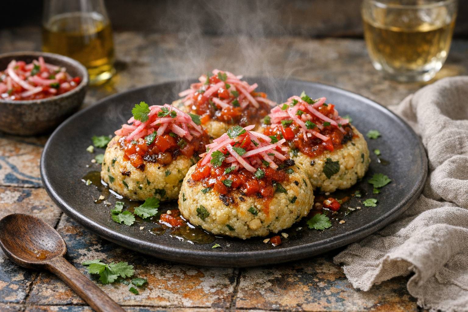 Plump, pale-gold steamed cakes flecked green, topped with glossy scarlet hogao and a tangle of pink radish aji, scattered with coriander on a matte charcoal platter.