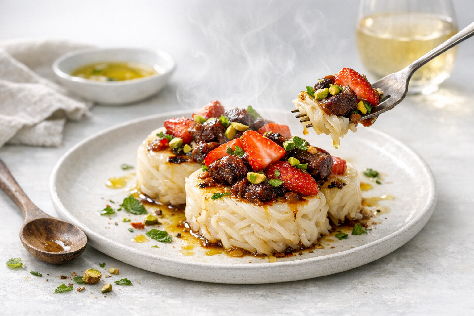 Glossy ivory noodle cakes topped with ruby strawberries, emerald pistachios, and flecks of mint, lightly honeyed and set on matte white stoneware with a soft steam-kissed sheen.