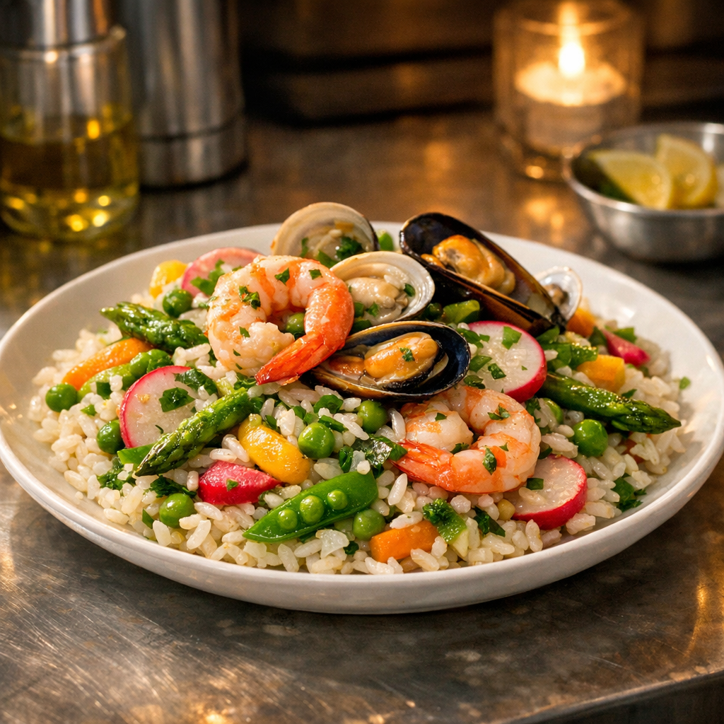 The dish features a colorful medley of shellfish and vegetables atop a bed of fluffy rice, garnished with fresh herbs.