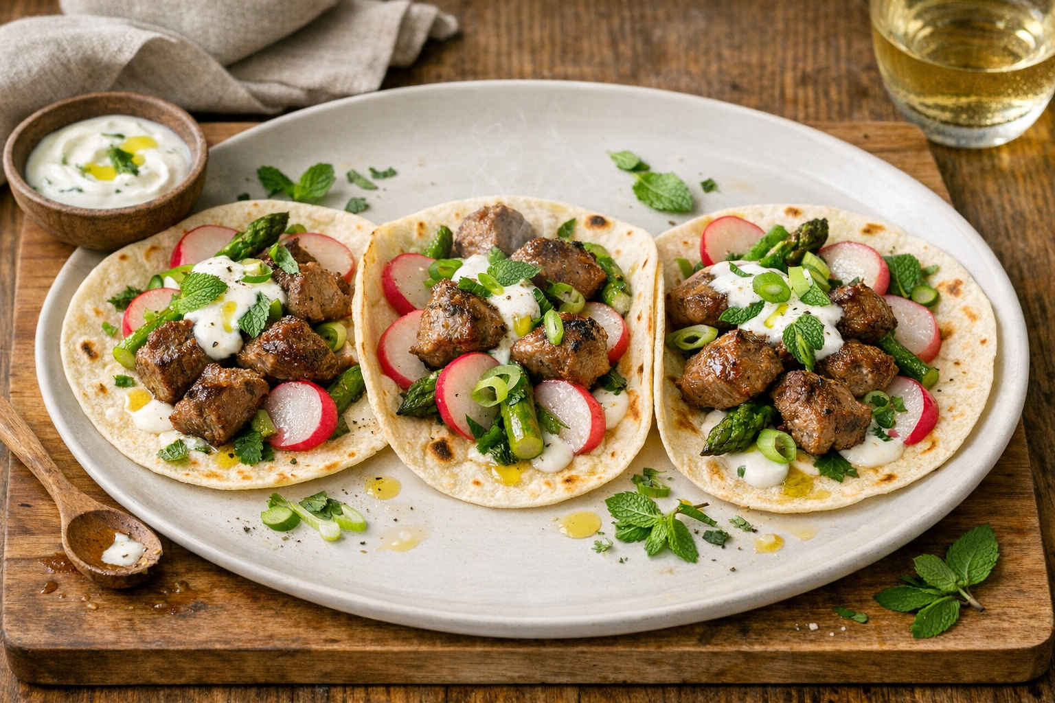 Plump steamed lamb bites on soft tortillas with blush-pink radishes, glossy emerald asparagus, and lemony yogurt, scattered mint and scallions on a matte white platter.