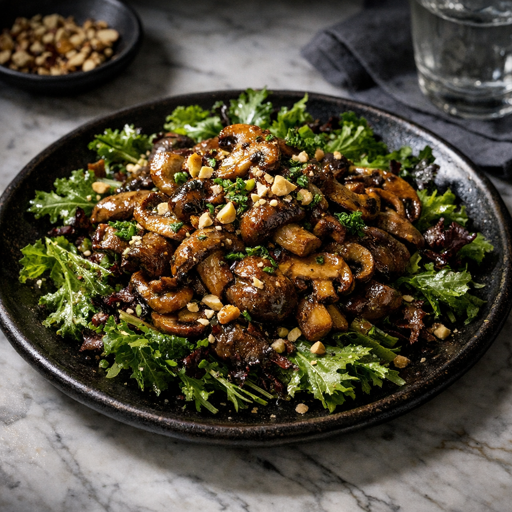 A colorful plate featuring vibrant green leaves topped with golden-brown stewed mushrooms, garnished with fresh herbs and sprinkled with crunchy nuts.