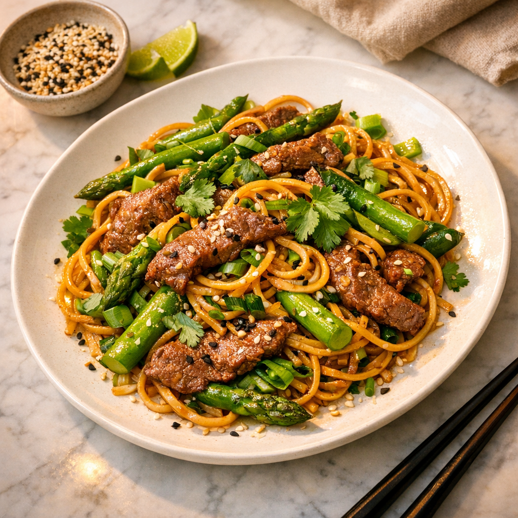 A colorful plate of stir-fried beef noodles topped with vibrant green vegetables, garnished with fresh herbs and sesame seeds.