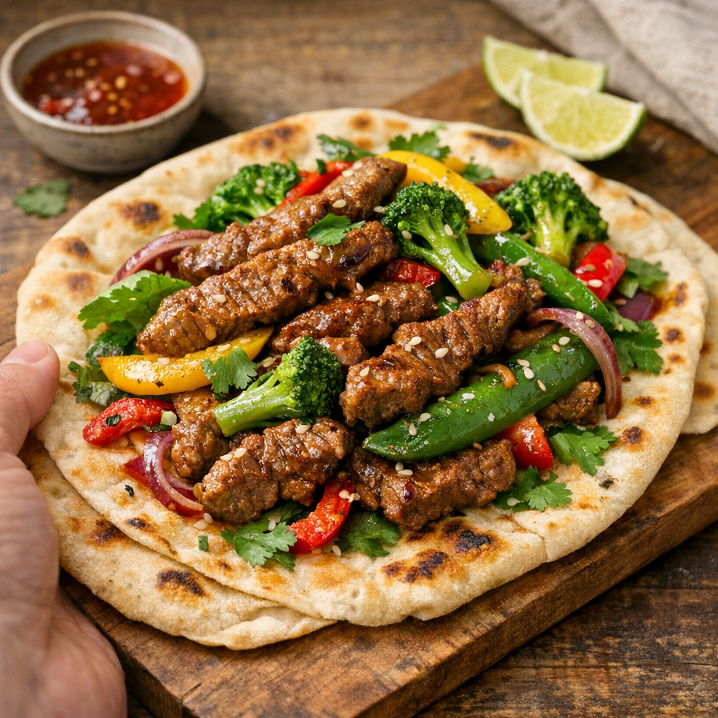 A colorful plate featuring golden-brown beef strips, vibrant green vegetables, and warm flatbread, garnished with fresh herbs.