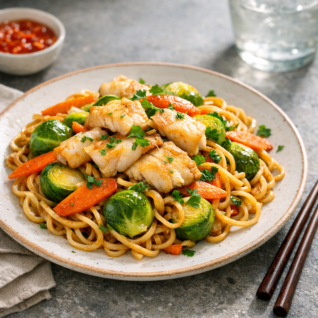 A colorful plate of stir-fried noodles topped with tender fish, vibrant Brussels sprouts, and bright orange carrots, garnished with fresh parsley.