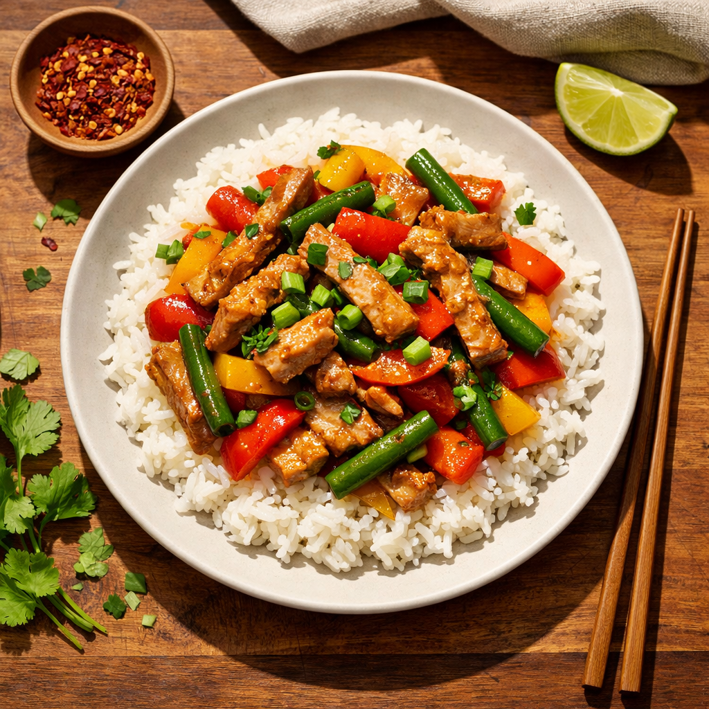 A colorful plate featuring tender pork strips, bright bell peppers, and green beans over fluffy white rice, garnished with fresh herbs.