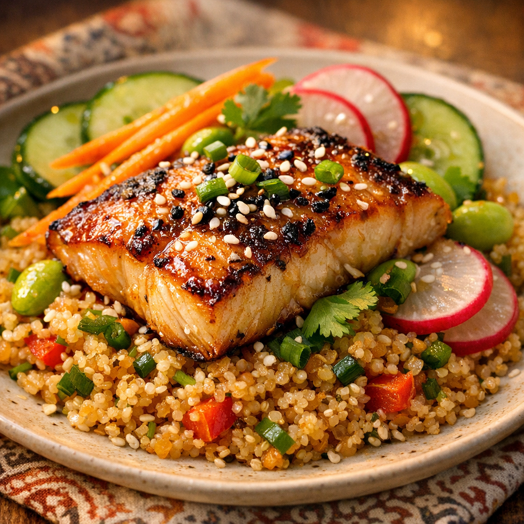 A colorful plate showcasing golden quinoa topped with perfectly seared fish, adorned with vibrant vegetable slices and a sprinkle of sesame seeds.