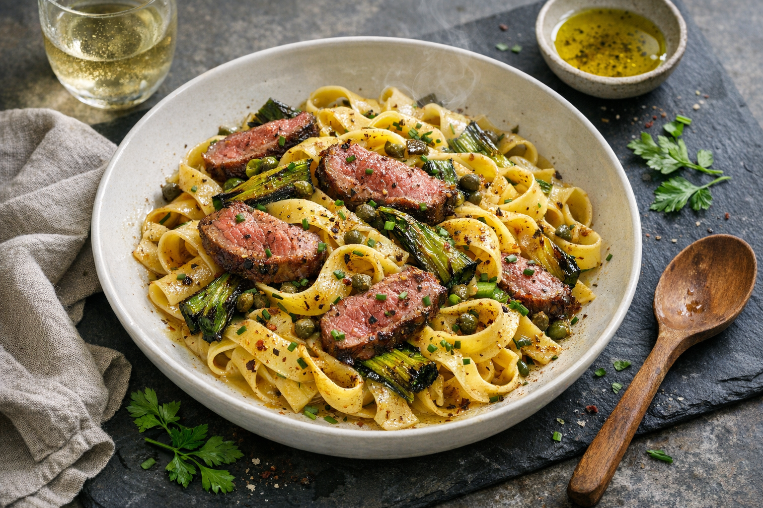 A wide white bowl of glossy tagliatelle tangled with blushing seared lamb and charred emerald leeks, freckled with sumac, capers, and chives, finished with a lemony sheen.