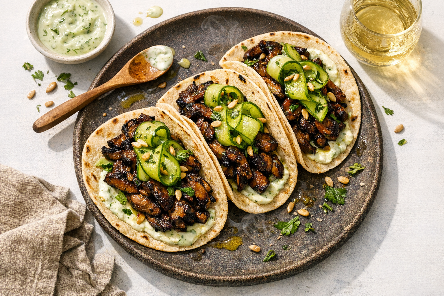 Charred, glossy mushrooms piled in warm corn tortillas on a matte stone plate, streaked with pale-green dill yogurt, bright cucumber ribbons, toasted sunflower seeds, and flecks of parsley and spring onion.