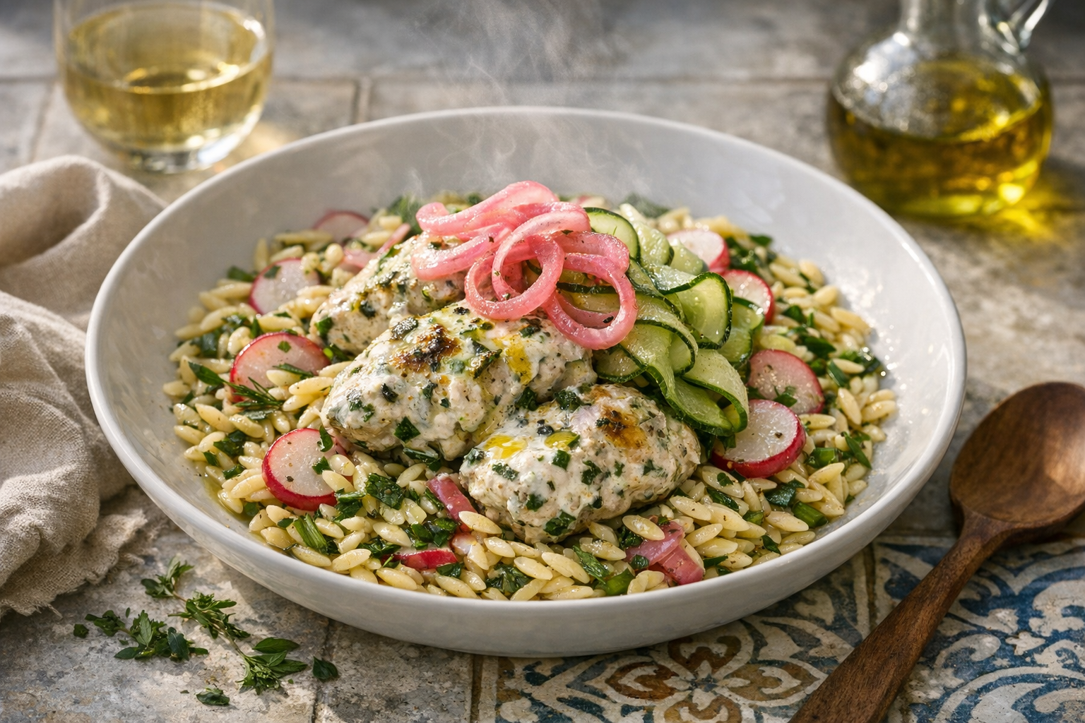 Glossy orzo scattered with emerald herbs and ruby radishes, crowned by creamy yogurt-coated chicken and ribbons of pink pickled onion, glistening with olive oil in a chilled white shallow bowl.
