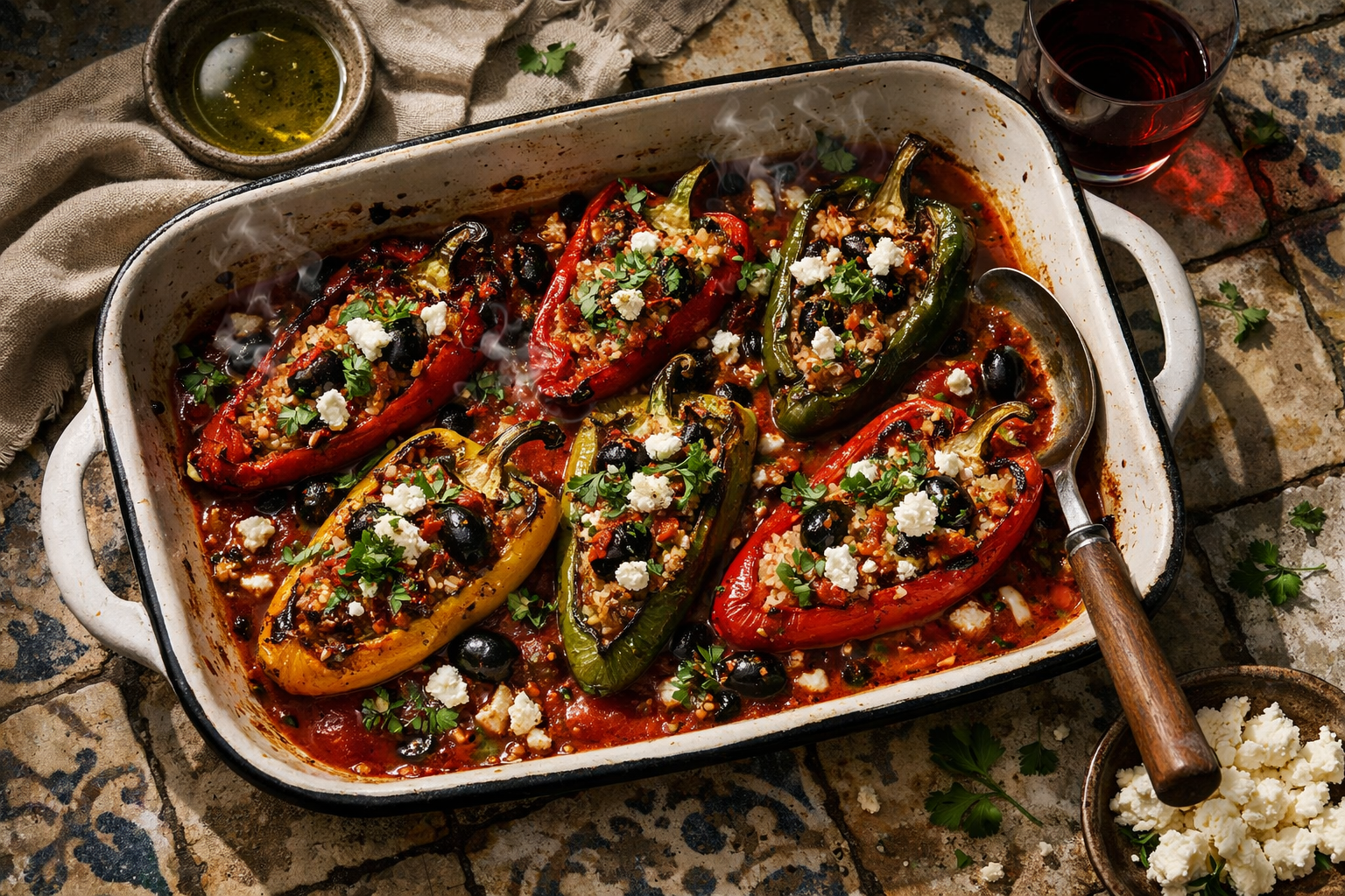 Char-blistered pepper boats over ruby tomato-olive jus, crumbled feta and parsley scattered, glossy grains peeking through, in a wide white enamel roasting pan catching the sheen of oven light.