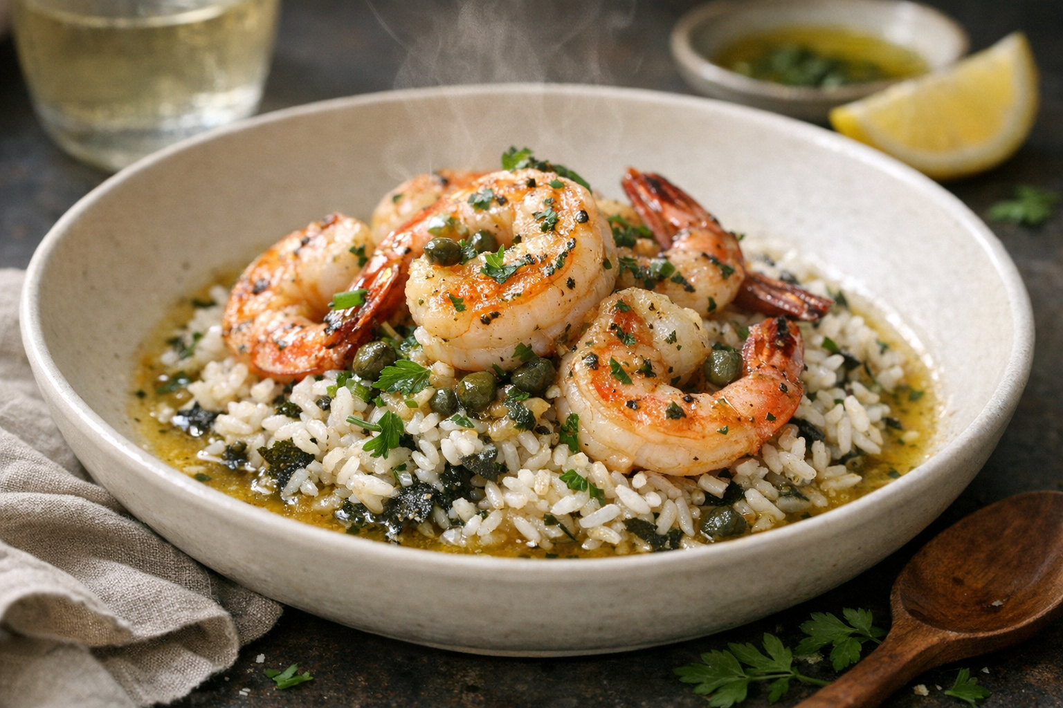 Blushed-pink seared prawns over pearly, nori-flecked rice, glossed with lemon-caper butter and parsley, in a wide warm white bowl with gentle pan juices pooling at the rim.