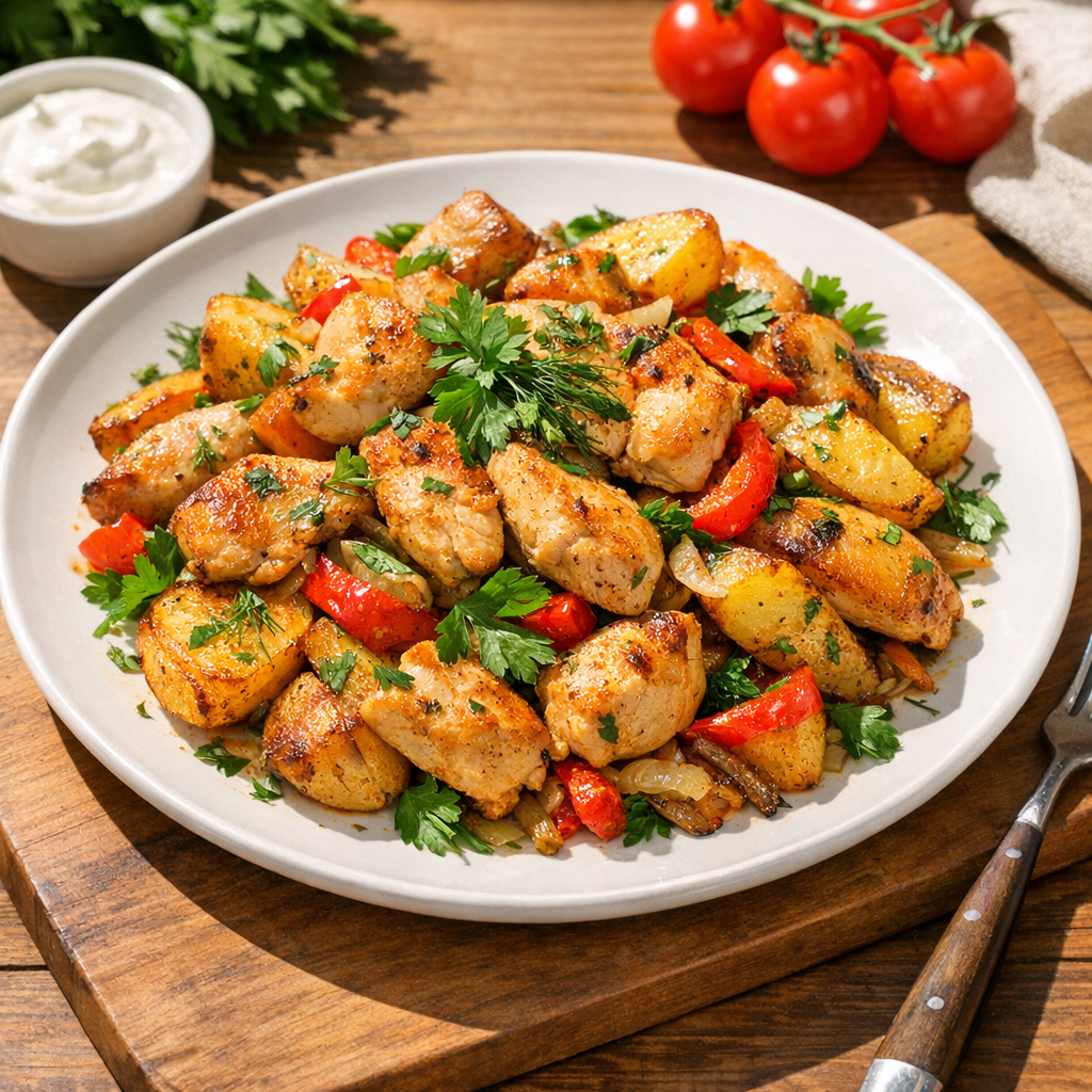 The dish features golden-brown chicken pieces alongside crispy roasted potatoes, garnished with vibrant green herbs, creating a colorful and inviting plate.